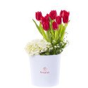 Sombrerera Blanca Grande con 12 Tulipanes Hortensia y Flores Rosatel
