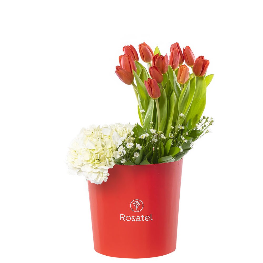 Sombrerera Roja Grande con 12 Tulipanes Hortensia y Flores Rosatel