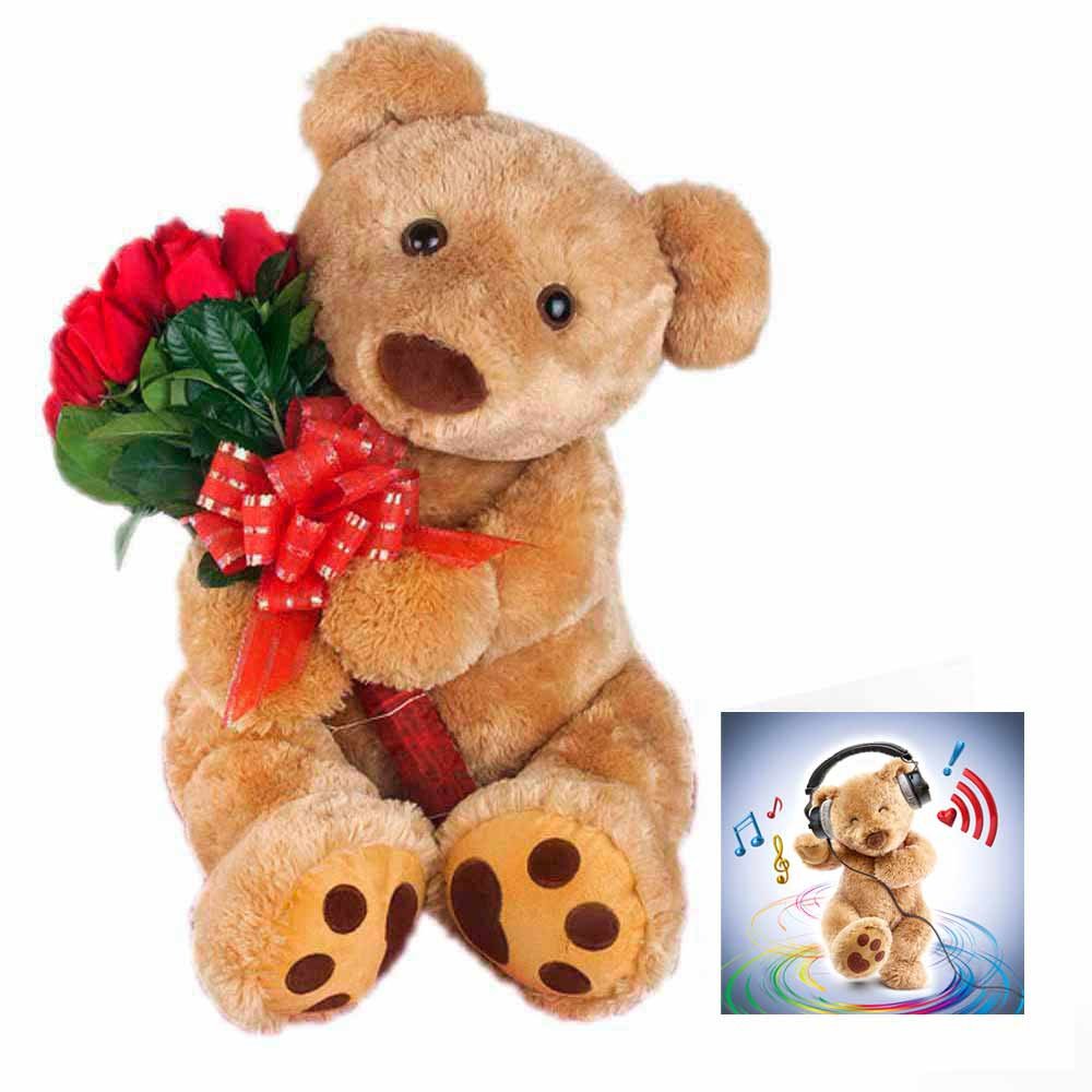Pack Hugo Gigante con 12 Rosas y Tarjeta 3D Rosatel