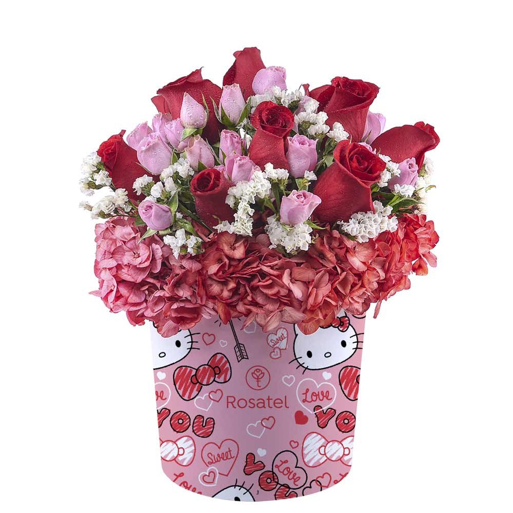 Sombrerera Corazones Hello Kitty con 10 Rosas y Mini Rosas Rosatel