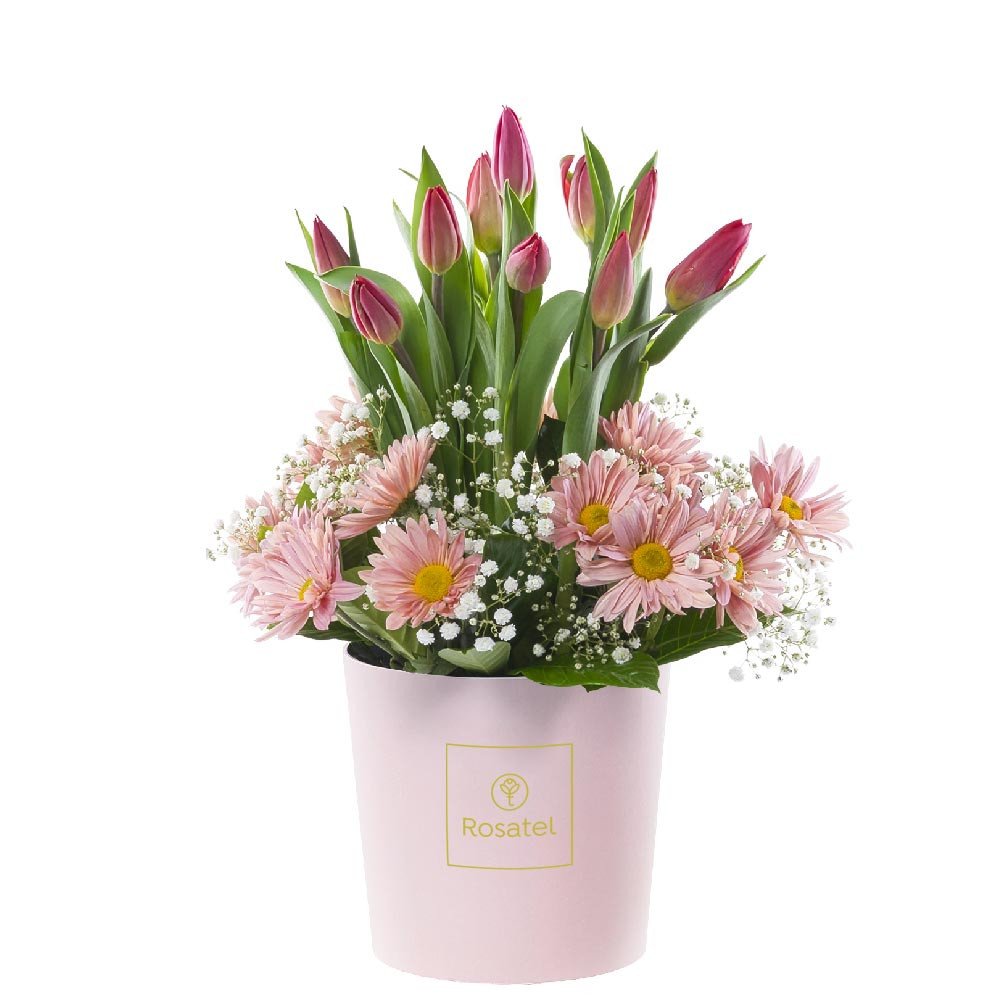 Sombrerera Rosada Mediana con 10 Tulipanes y Flores Rosatel