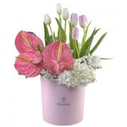 Sombrerera Rosada Grande con Tulipanes y Anturios