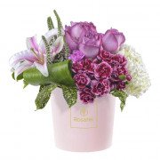 Sombrerera Rosada Mediana con Rosas Lilas y Flores