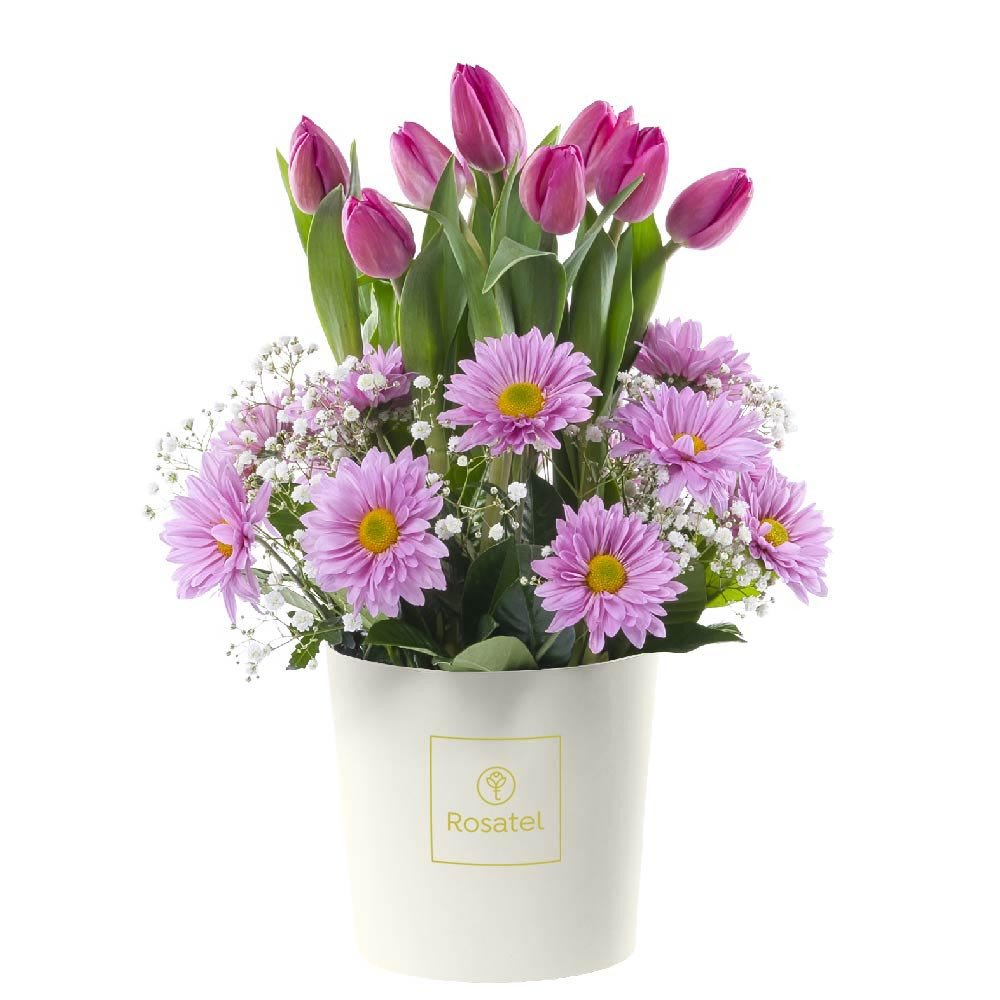 Sombrerera Crema Mediana con 10 Tulipanes y Flores Rosatel