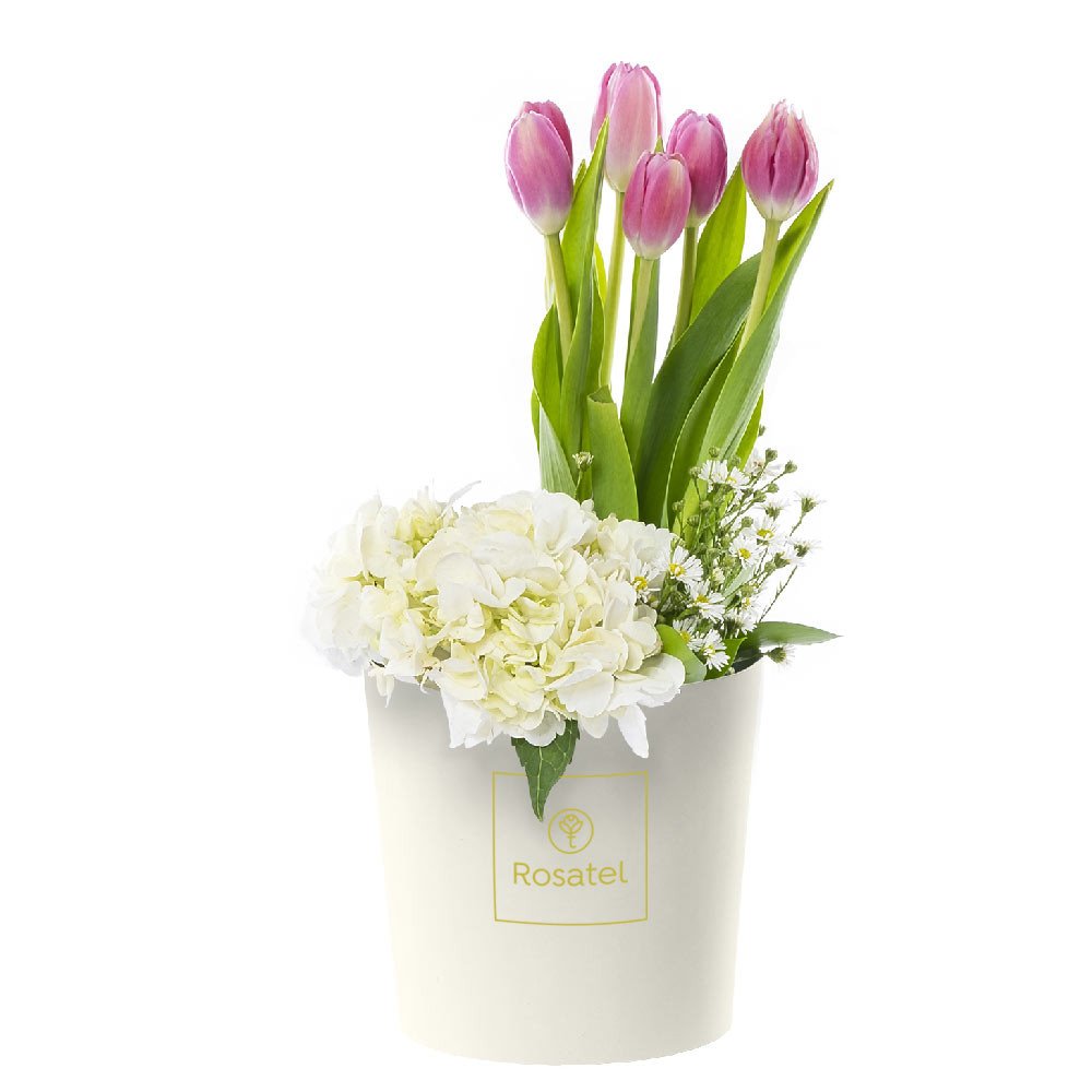 Sombrerera Crema Mediana con 6 Tulipanes Hortensia y Flores Rosatel
