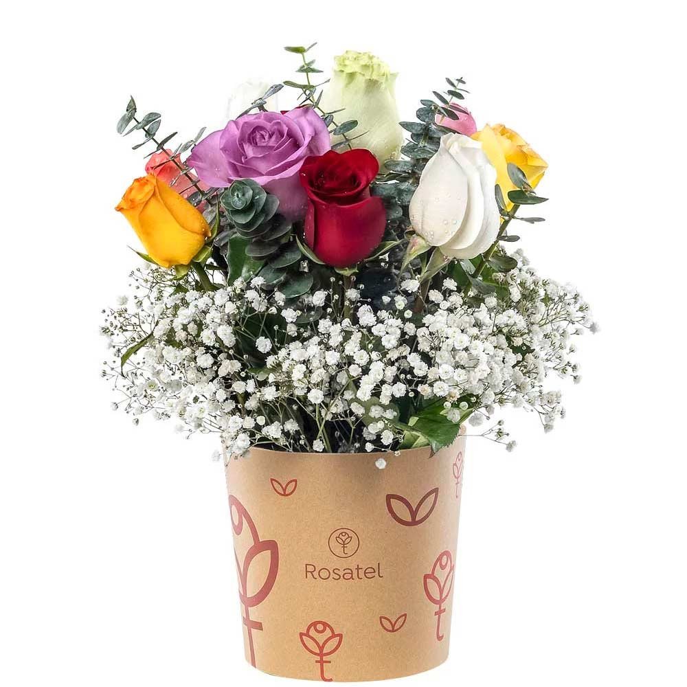 Sombrerera Mediana con 10 Rosas Variadas y Flores Rosatel