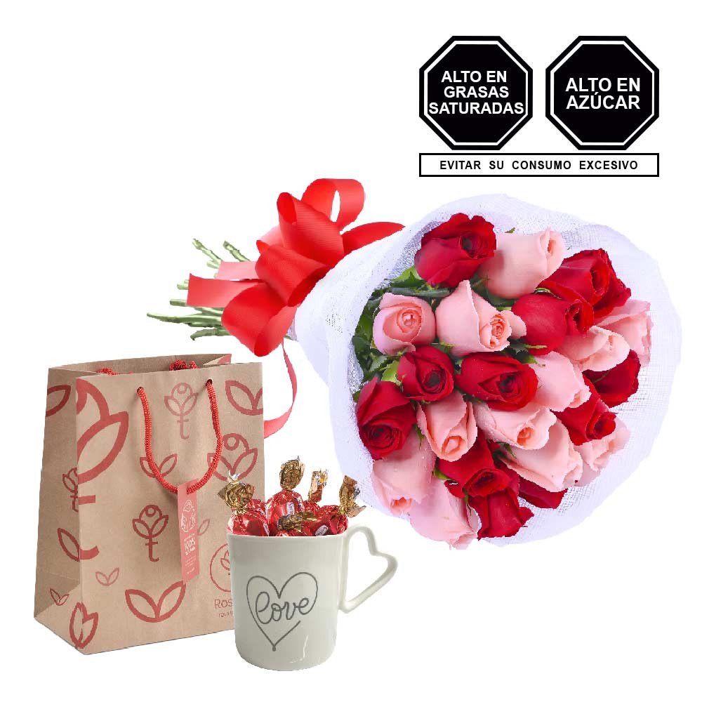 Ramo con 25 Rosas y Taza Love Bombones Sorini Panna Rosatel