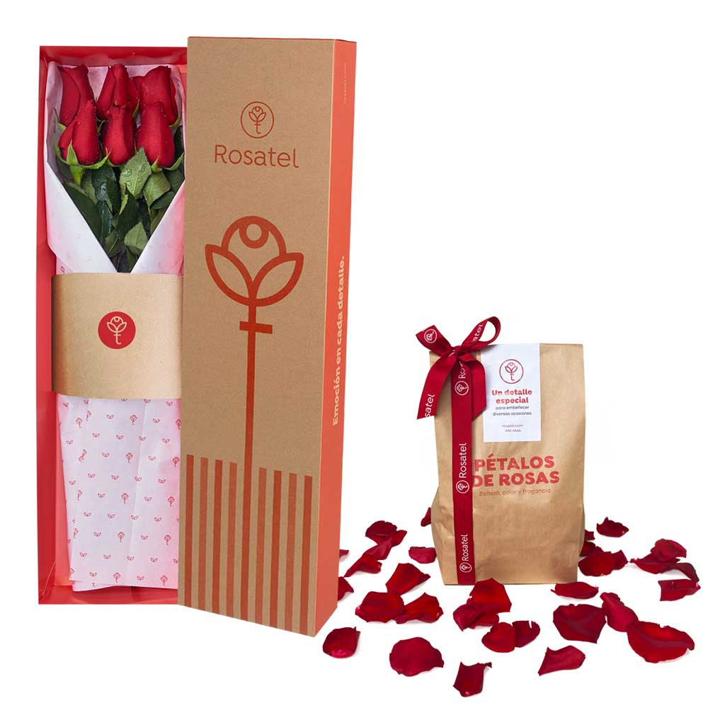 Caja con 6 Rosas y Pétalos Rosatel