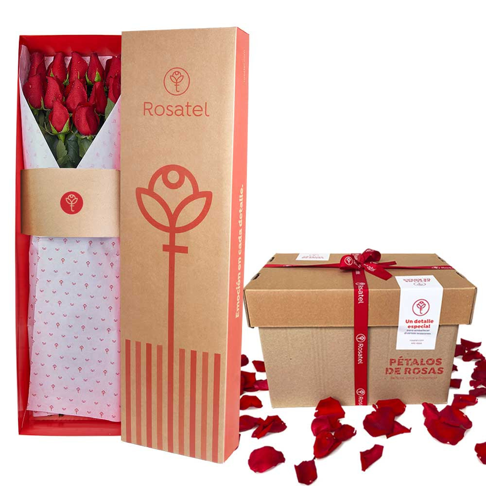 Caja con 12 Rosas y Pétalos Rosatel