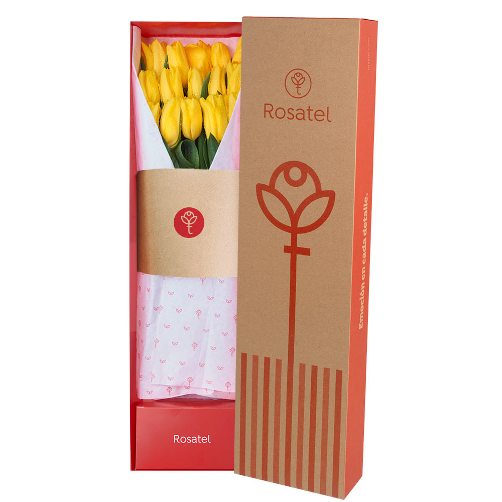 Caja Natural con 15 Tulipanes Amarillos Rosatel