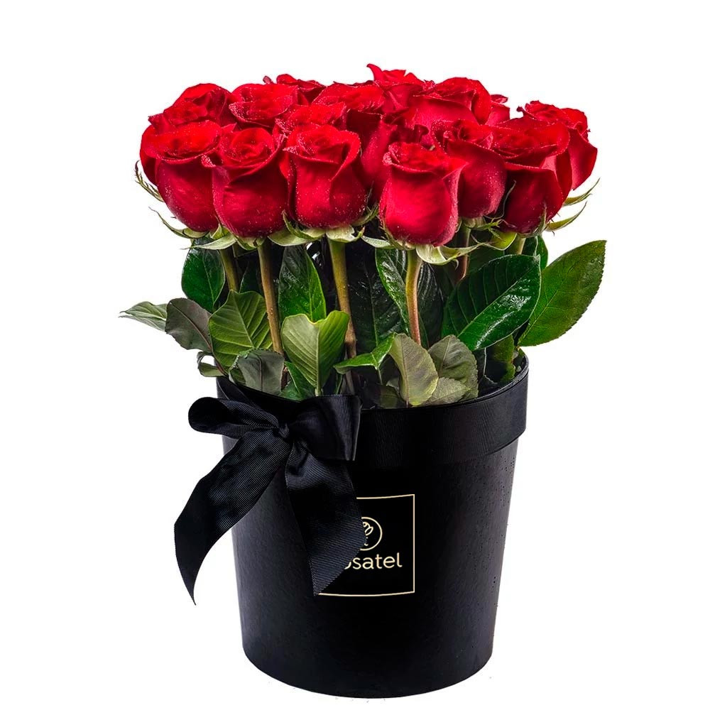 Sombrerera Negra Grande con 25 Rosas Rojas Rosatel