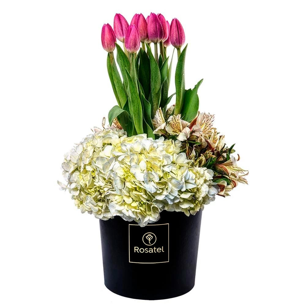 Sombrerera Negra Grande con 10 Tulipanes y Flores Rosatel