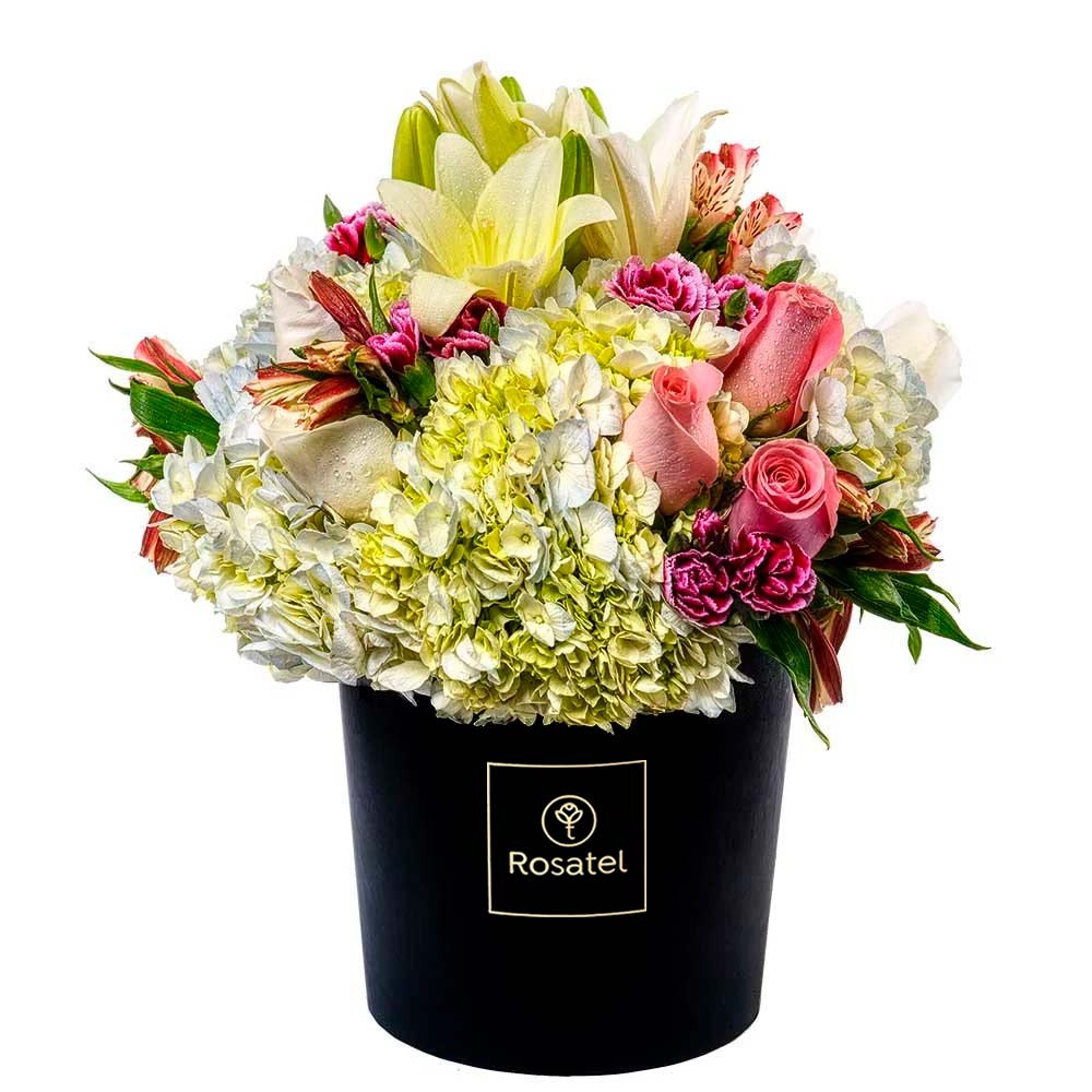 Sombrerera Negra Grande con 11 Rosas y Flores Rosatel