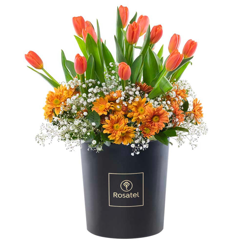 Sombrerera Negra Grande con 15 Tulipanes y Flores Rosatel