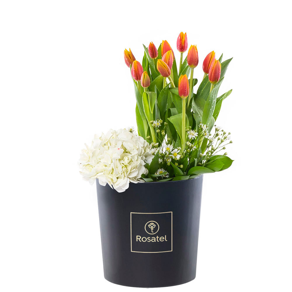 Sombrerera Negra Grande con 12 Tulipanes Hortensia y Flores Rosatel