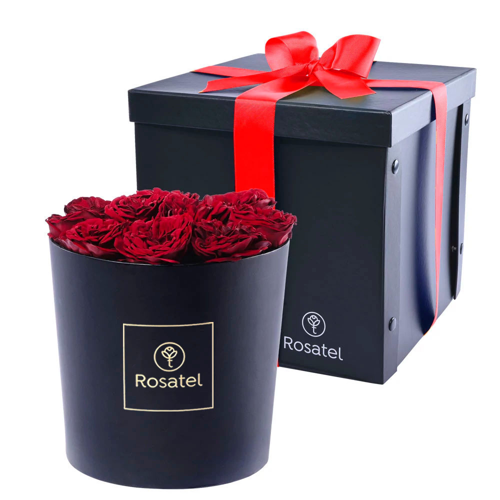 Sombrerera Negra con Rosas de Jardín Preservadas Rosatel