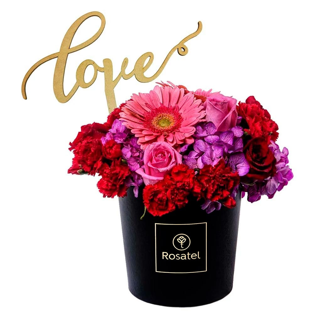 Sombrerera Negra Mediana con 6 Rosas y Flores Love Rosatel