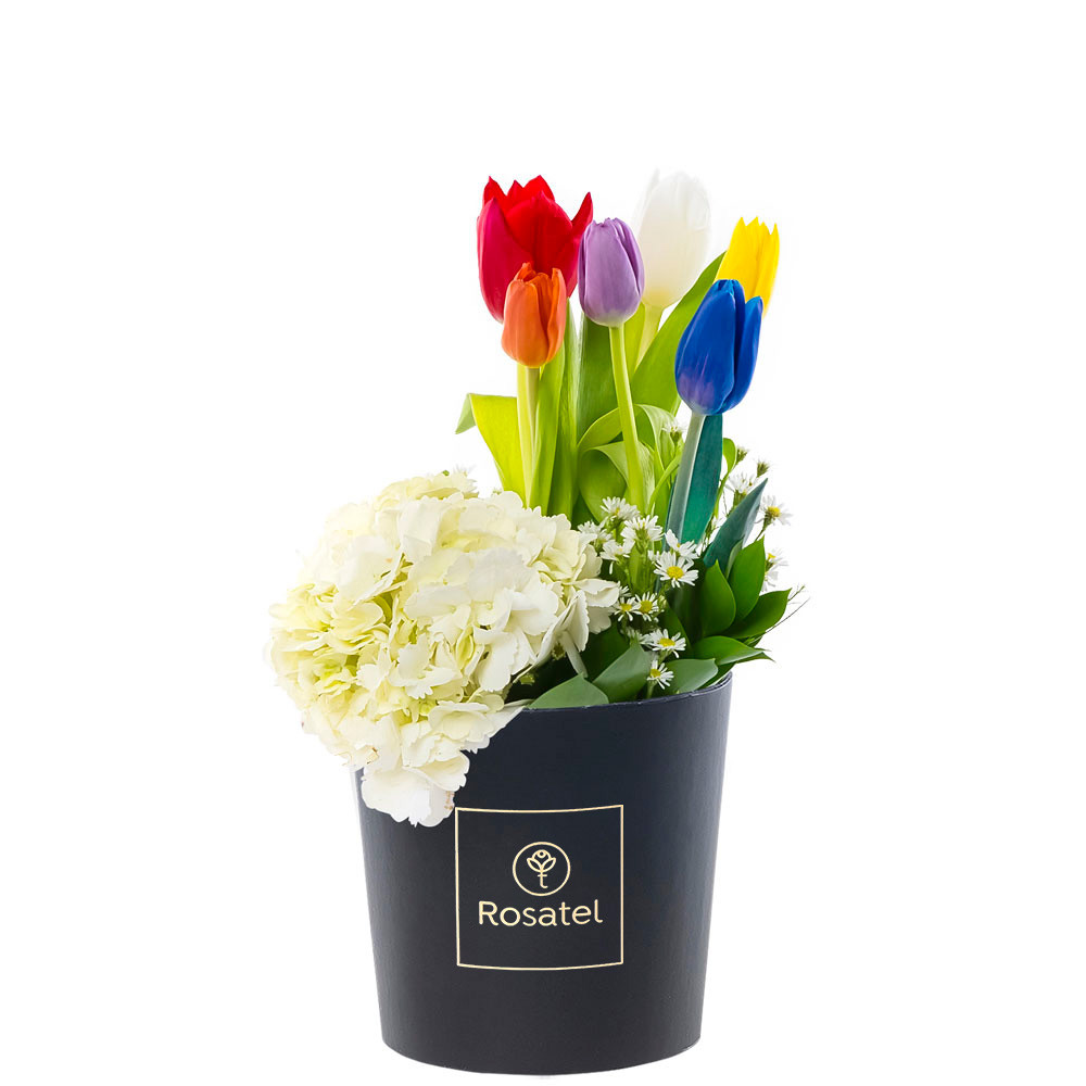 Sombrerera Negra Mediana con 6 Tulipanes Hortensia y Flores Rosatel