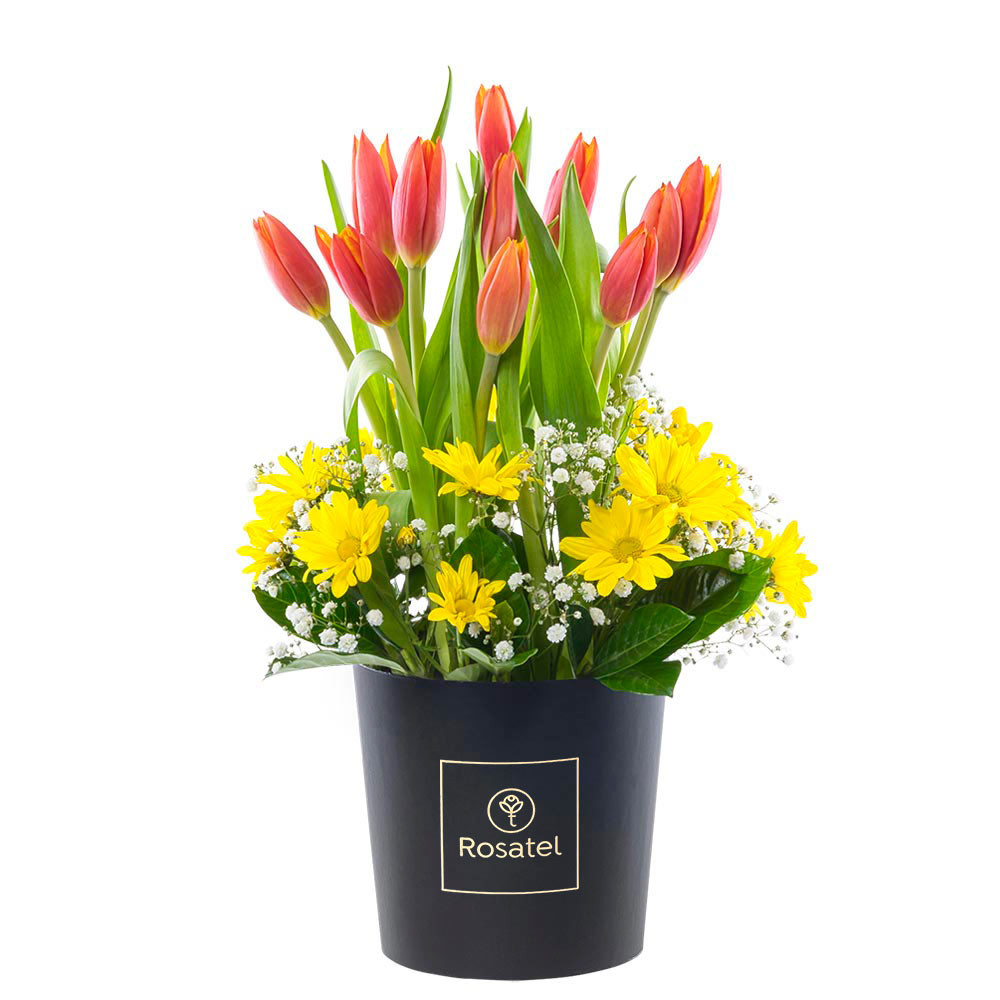 Sombrerera Negra Mediana con 10 Tulipanes y Flores Rosatel