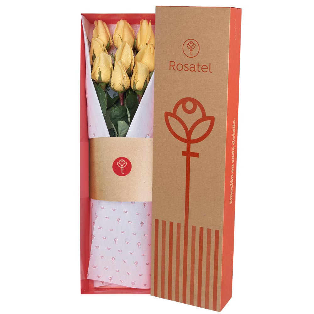 Caja Natural con 9 Rosas Amarillas Rosatel