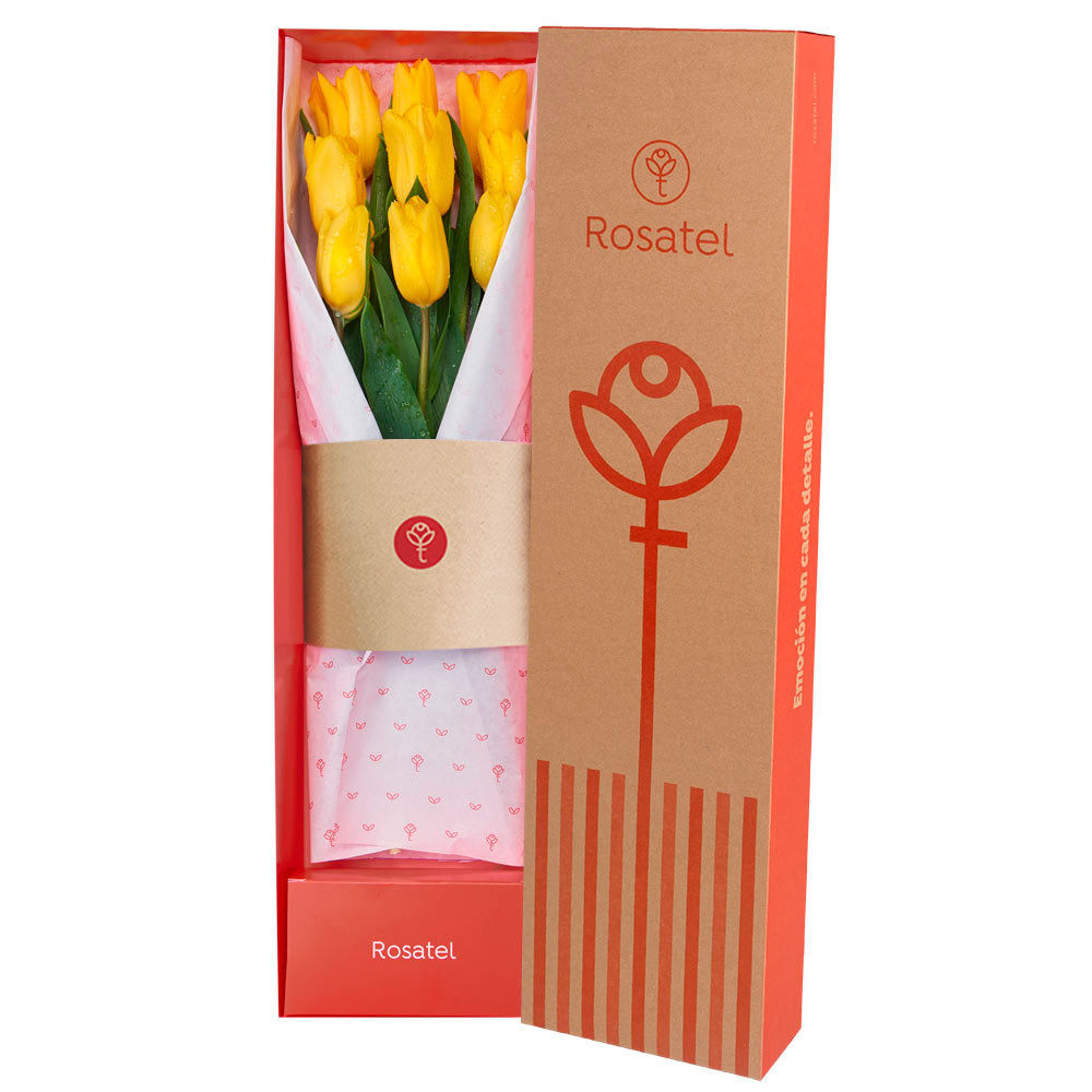 Caja Natural con 9 Tulipanes Amarillos Rosatel