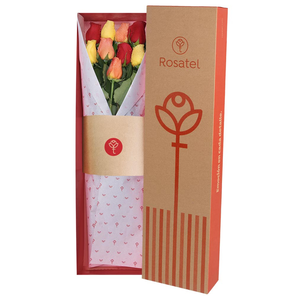 Caja Natural con 9 Rosas de Colores Rosatel