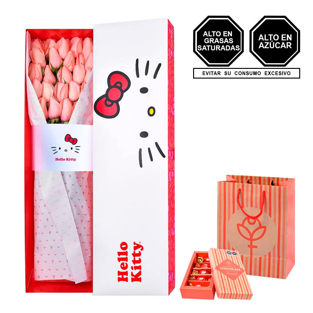 Caja Lazos Hello Kitty 24 Rosas y Chocolates Sorini Rosatel