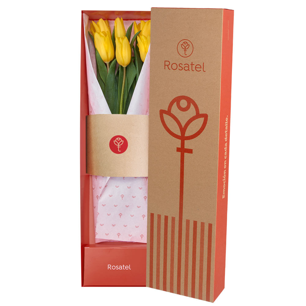 Caja Natural con 6 Tulipanes Amarillos Rosatel