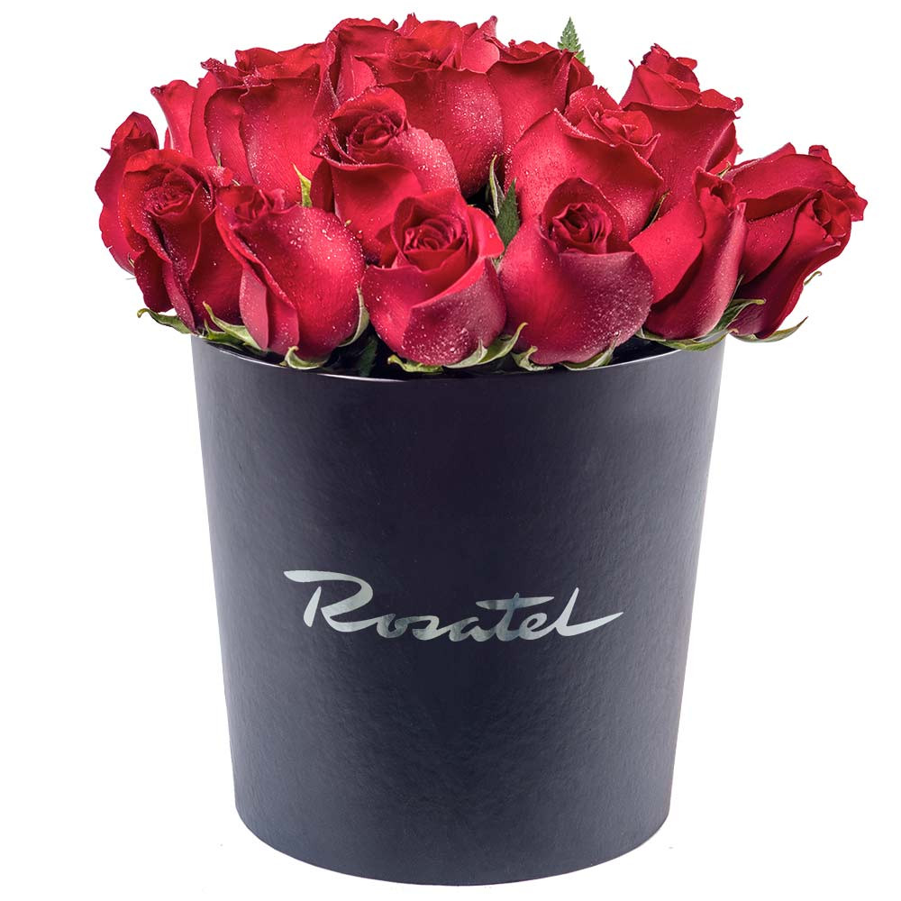 Sombrerera Negra Grande con 24 Rosas Rojas Rosatel
