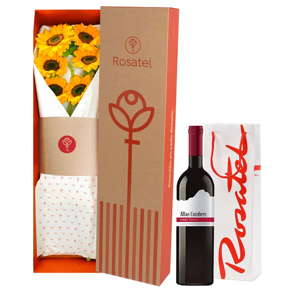 Caja con Girasoles y Vino Altas Cumbres Rosatel