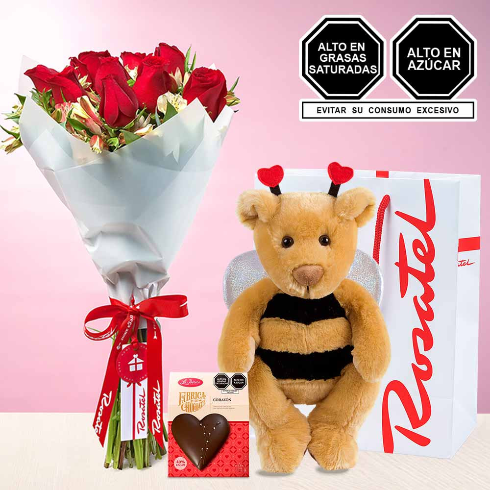 Ramo de rosas peluche Hugo y chocolates para regalar Rosatel