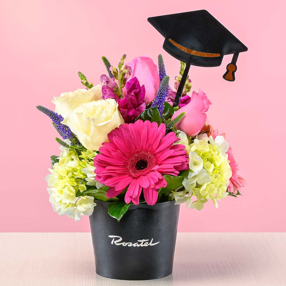 Florerías online mini arreglo encanto floral graduación Rosatel