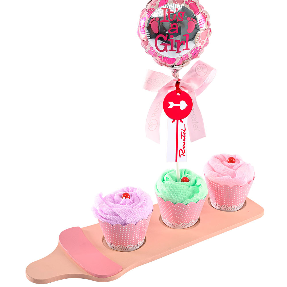 Regalos para recién nacidos arreglo cupcakes rosado Rosatel