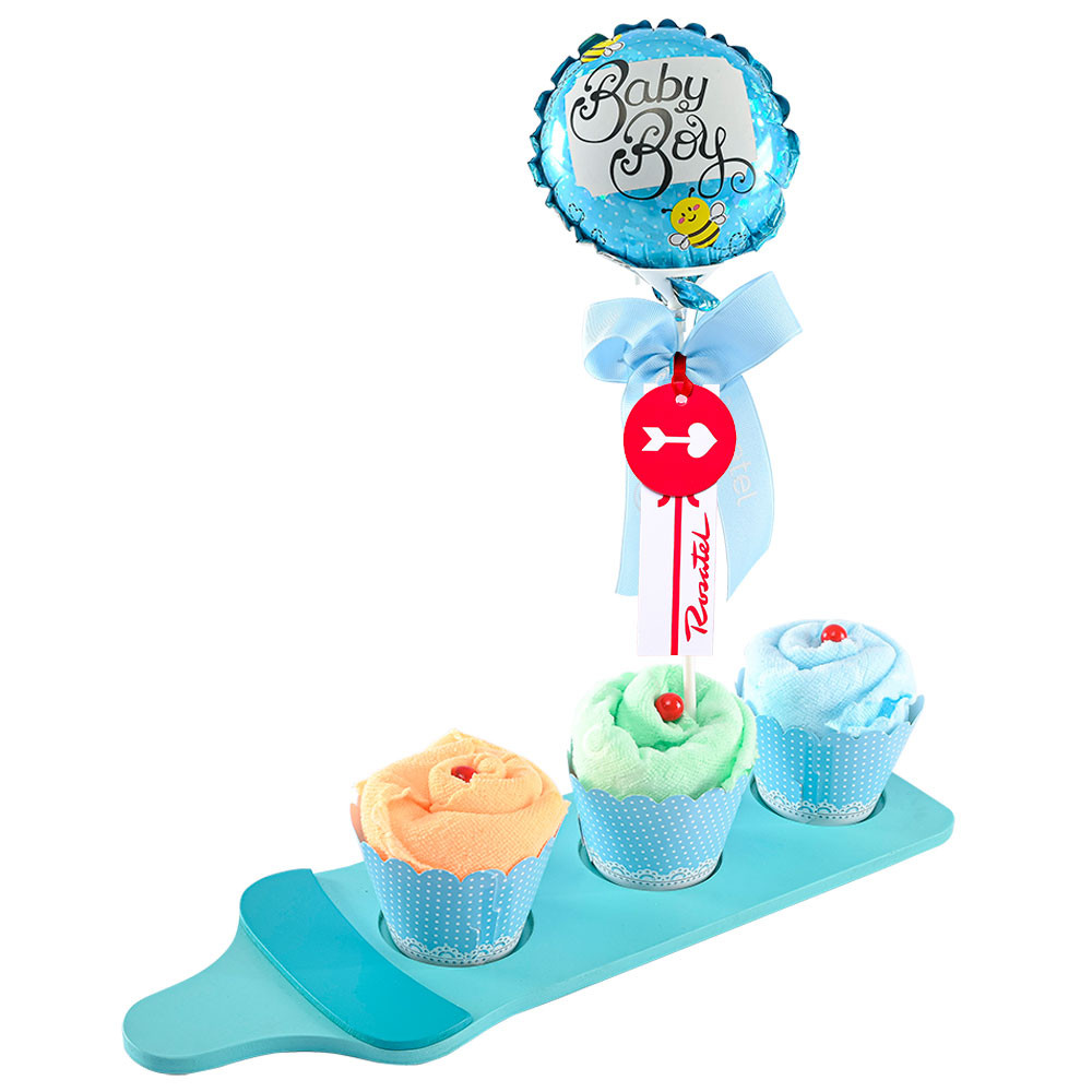 Regalos para bebés arreglo cupcakes celeste Rosatel