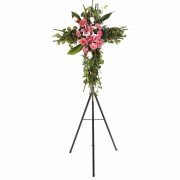 Cruz Pequeña con 5 Rosas Rosadas, Claveles y Gerberas en Trípode