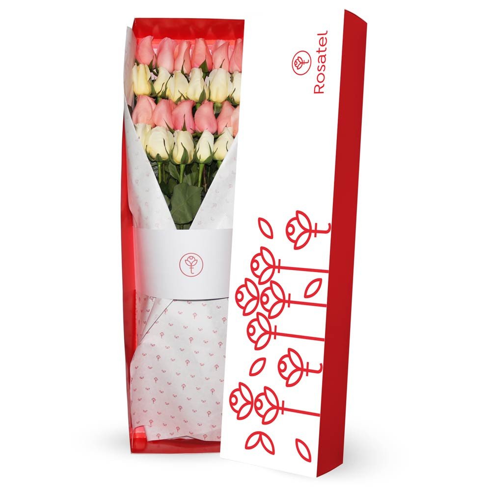 Caja blanca con 24 Rosas Rosadas y Cremas Rosatel