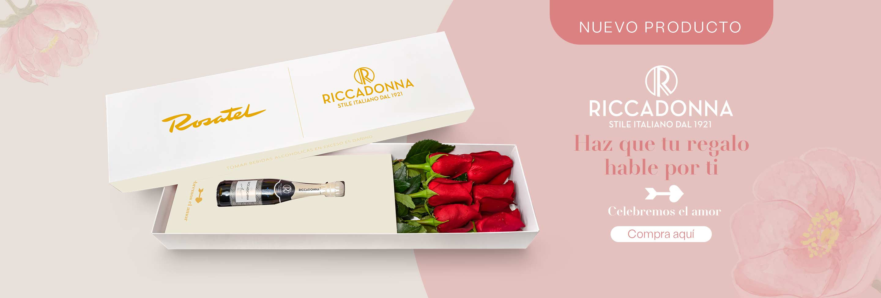 Pack Riccadonna Rosatel Caja con 6 rosas rojas y Riccadonna Asti 200 ml