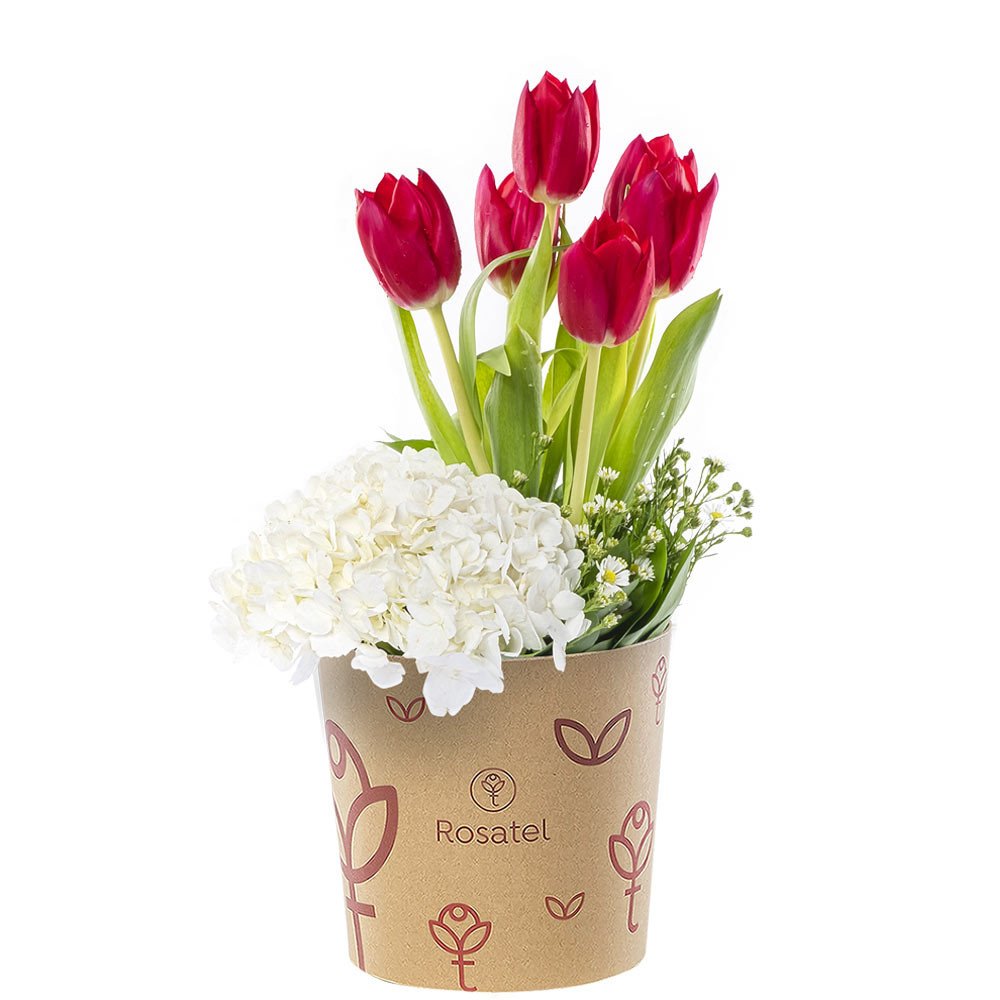 Sombrerera 3R Natural Mediana con 6 Tulipanes Hortensia y Flores Rosatel