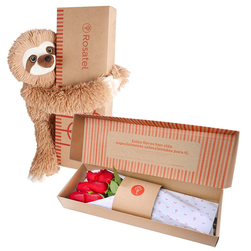 Caja Natural Rosatel con 6 Rosas y peluche Bowie