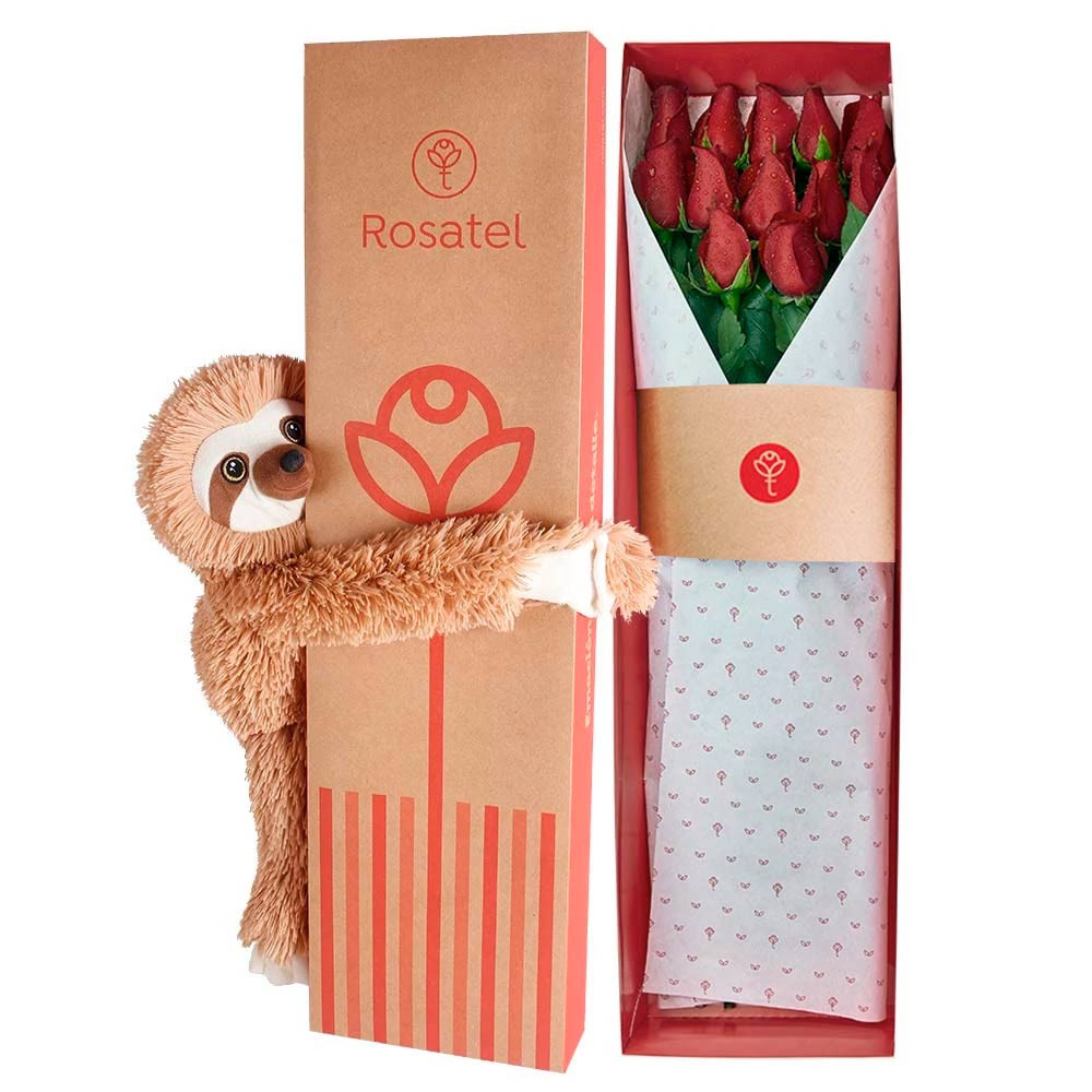 Caja Natural con 12 Rosas y peluche Bowie Rosatel