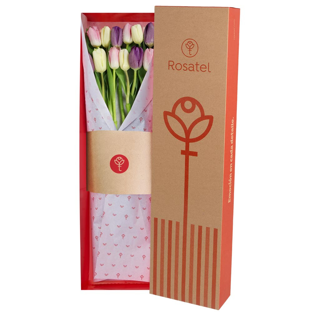 Caja Natural 12 Tulipanes Colores Pasteles Rosatel