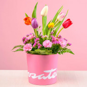 Sombrerera Rosada con Tulipanes Variados