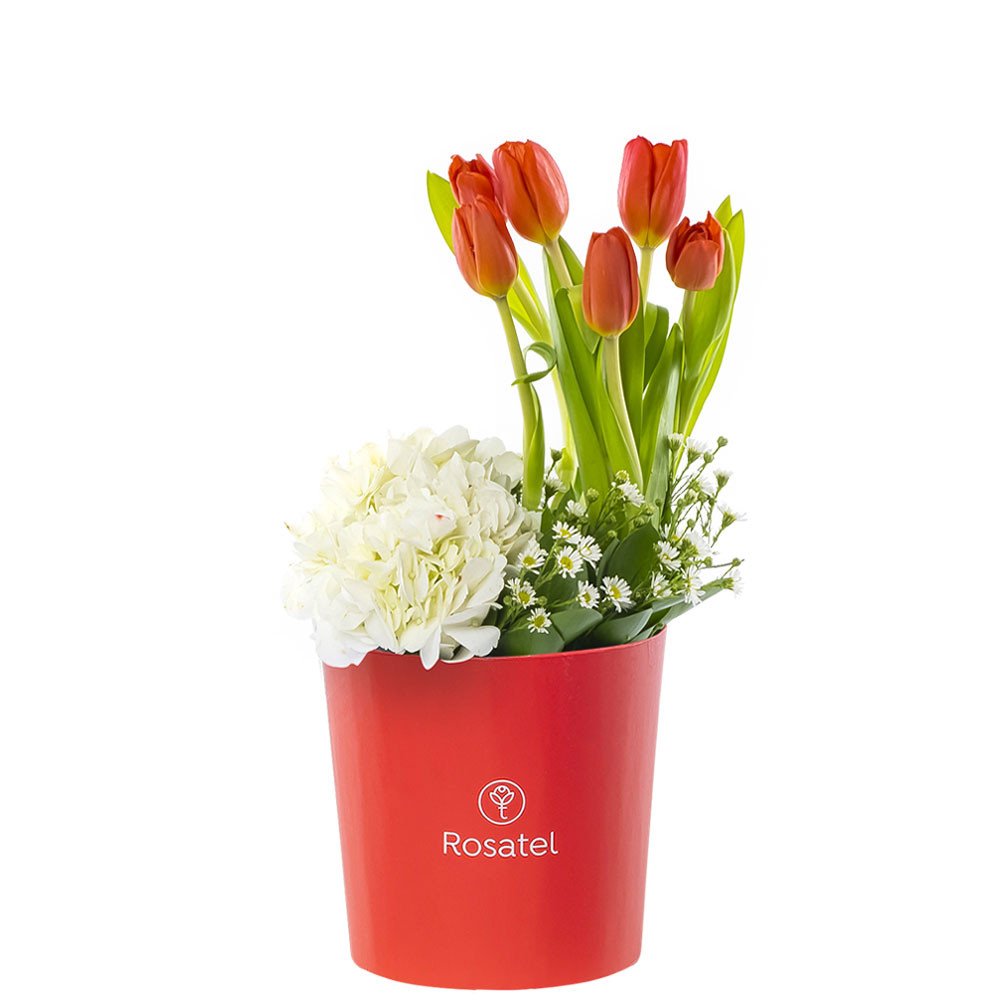 Sombrerera Roja Mediana con 6 Tulipanes Hortensia y Flores Rosatel