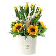 Sombrerera Crema Grande con 12 Tulipanes y Girasoles
