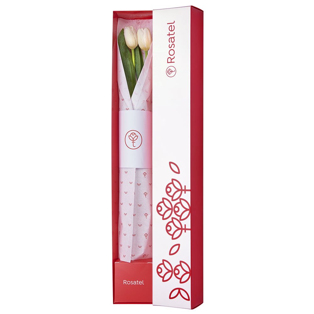 Caja blanca con dos tulipanes