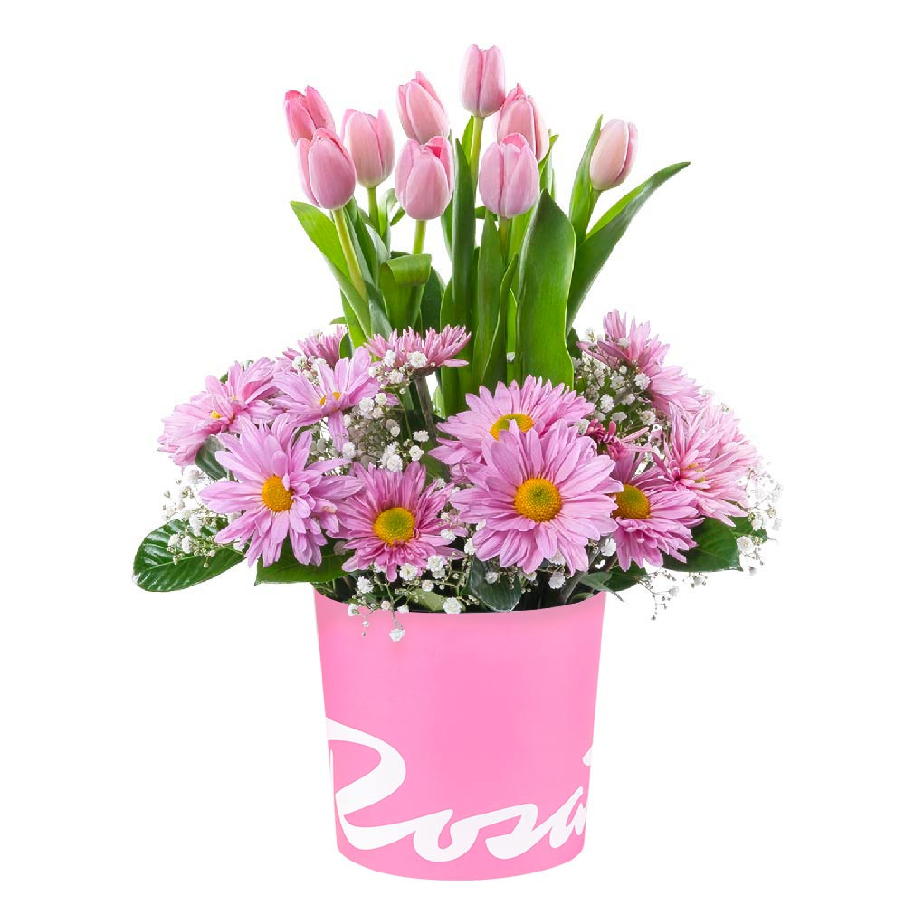 Sombrerera Rosada Mediana con 10 Tulipanes y Flores Rosatel